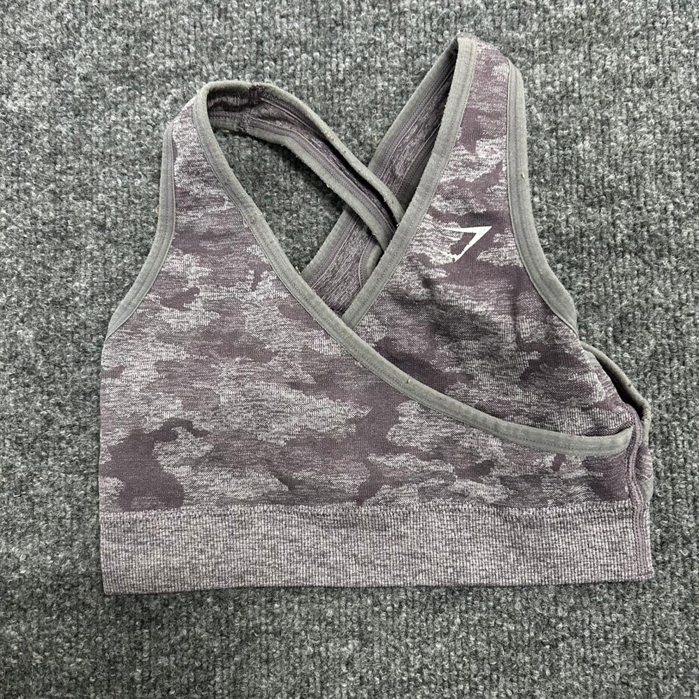 Gymshark Sports Bra Womens XS Purple Camo Wrap Front Strappy Cross Back Athletic